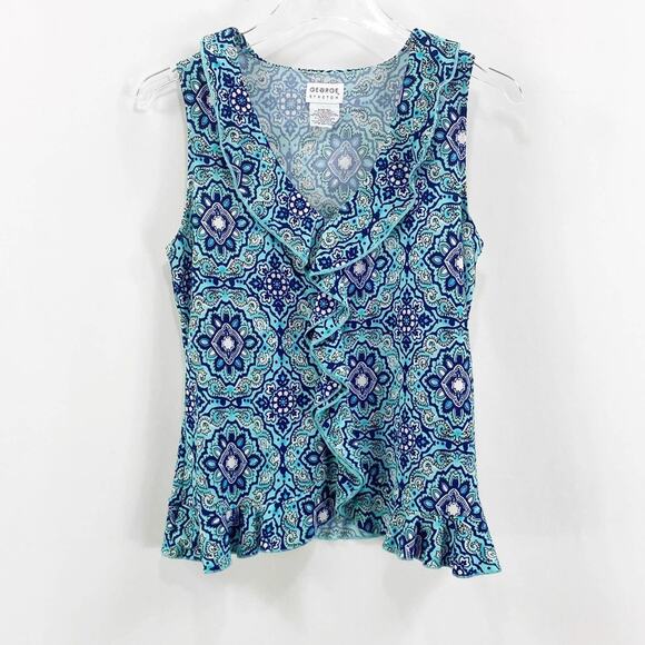 GEORGE Vintage 90s Blue Medallion V-Neck Sleeveless Blouse - Picture 1 of 8